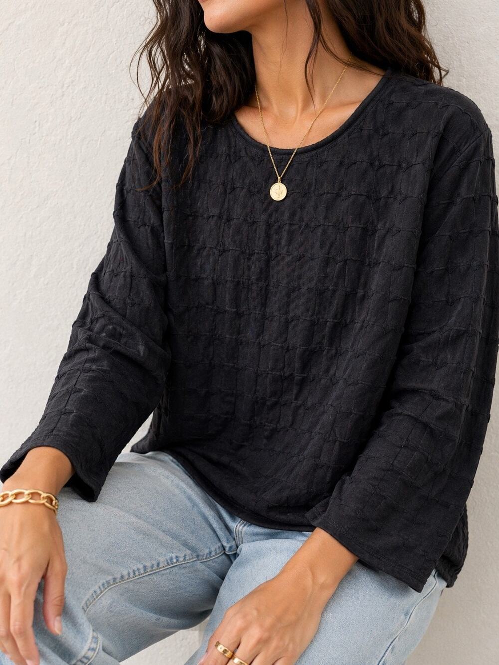 FOCUS Black Textured Quilted Top Long Sleeve Cotton Minimalist Classic Medium